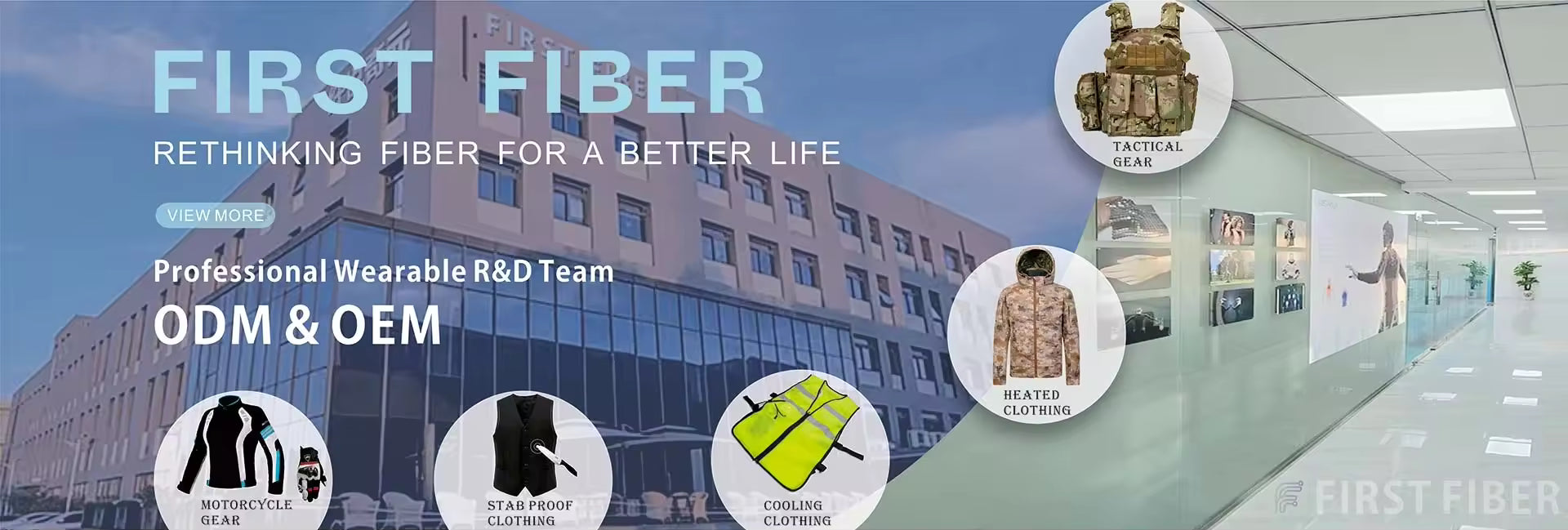 Promotional banner for First Fiber with building, fiber products, and text on a blue background
