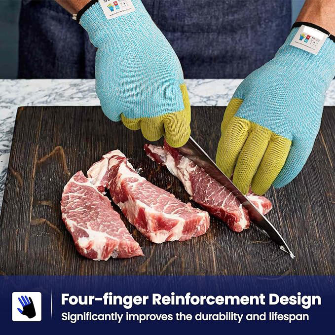FIRST FIBER 4-Finger Cut Resistant Gloves ANSI A9 Reinforced for Kitchen Meat Cutting Oyster Shucking Touch CyclingParty Safety