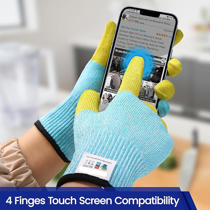 FIRST FIBER 4-Finger Cut Resistant Gloves ANSI A9 Reinforced for Kitchen Meat Cutting Oyster Shucking Touch CyclingParty Safety